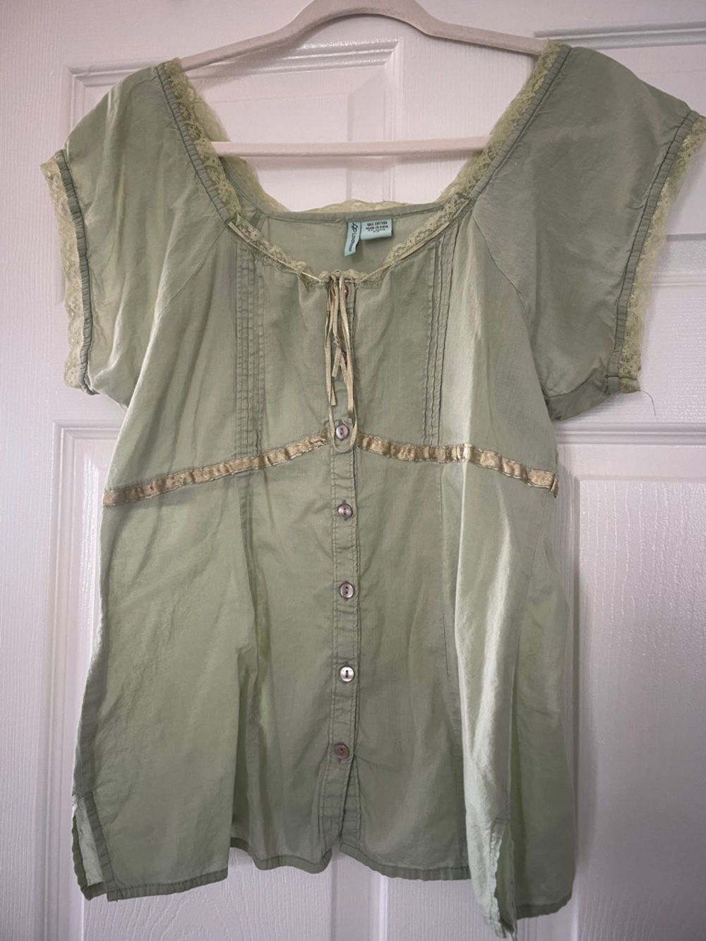 Free People Sage Green Button-Front Boho Blouse